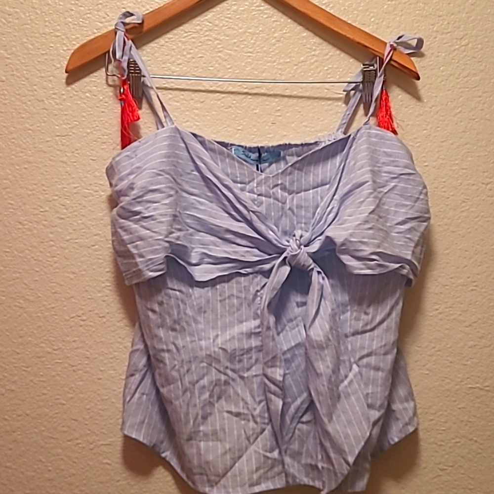 Striped Blue Tie-Front Women Top